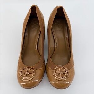 Tory Burch Caroline Wedge Heels with Logo Accent in nude